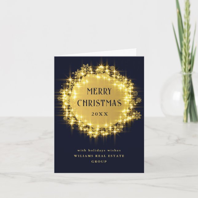 Gold Navy Sparkle Lights Corporate Christmas Holiday Card (Front)