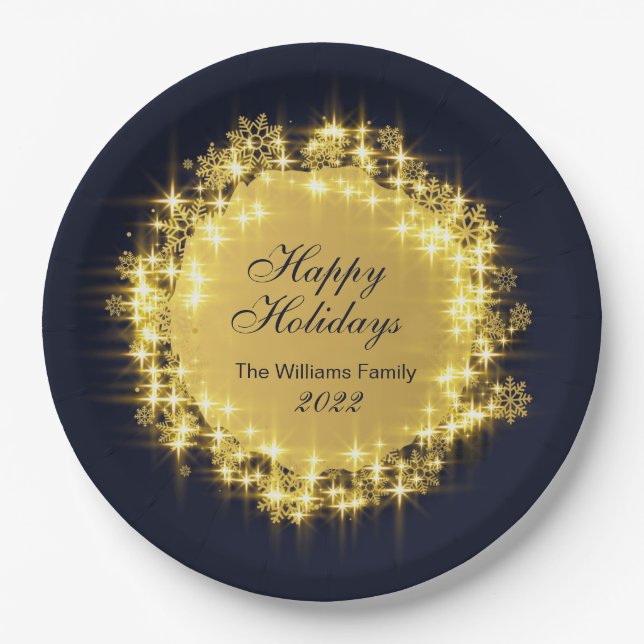 Gold Navy Sparkle Lights Holiday Christmas Party Paper Plate (Front)