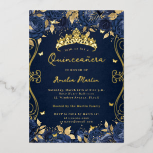 Gold Navy Swirl Scroll Floral Quinceanera 