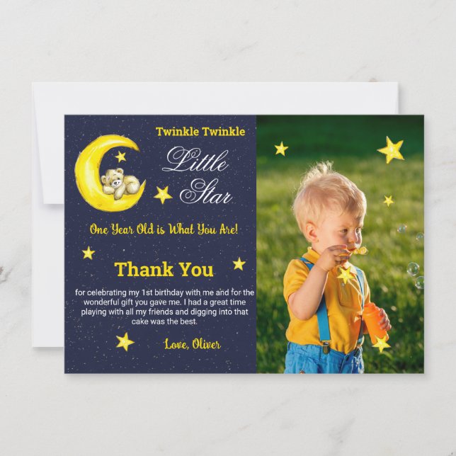 Gold Navy Twinkle Little Star 1st Birthday Photo Thank You Card (Front)