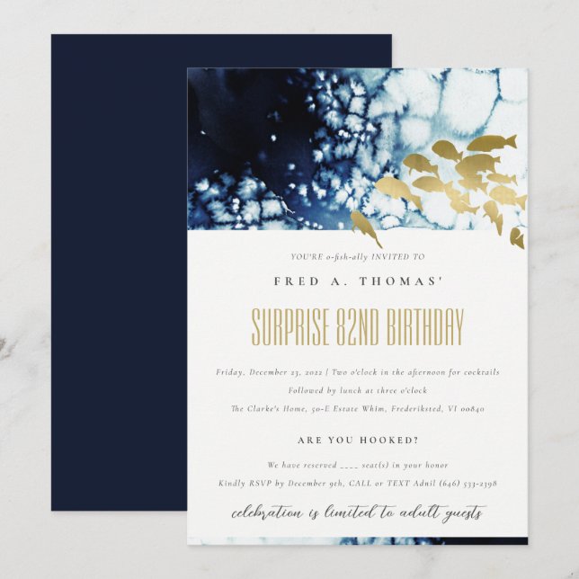 Gold Navy Underwater Fish Any Age Birthday Invite (Front/Back)