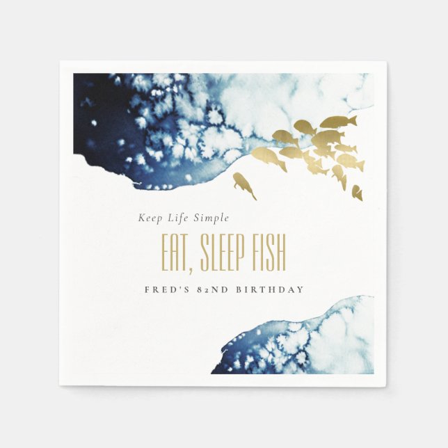 Gold Navy Underwater Fish Any Age Birthday Invite Napkin (Front)