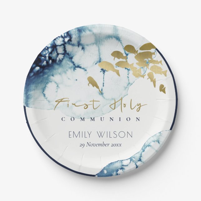 GOLD NAVY UNDERWATER FISH FIRST HOLY COMMUNION PAPER PLATE (Front)