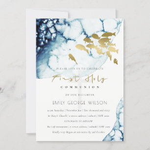 GOLD NAVY UNDERWATER FISH HOLY COMMUNION INVITE