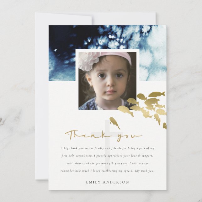 GOLD NAVY UNDERWATER FISH PHOTO HOLY COMMUNION THANK YOU CARD (Front)