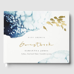 GOLD NAVY UNDERWATER FISH WATERCOLOR BABY SHOWER GUEST BOOK