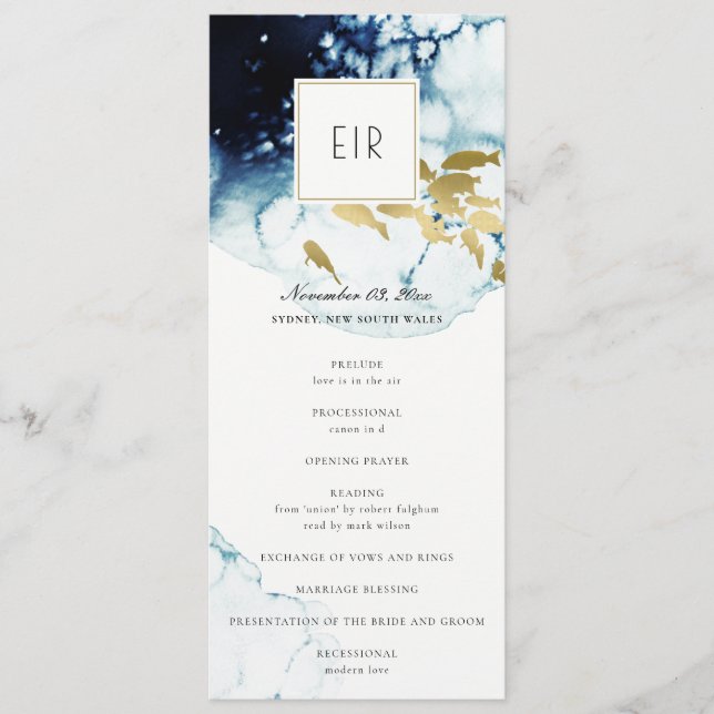 GOLD NAVY UNDERWATER FISH WEDDING CEREMONY PROGRAM MENU (Front)