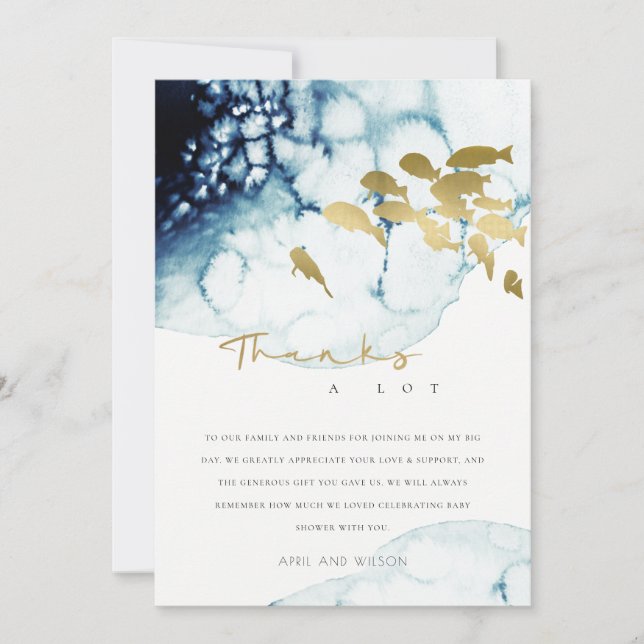 GOLD NAVY UNDERWATER SEA FISH BABY SHOWER THANKS  INVITATION (Front)