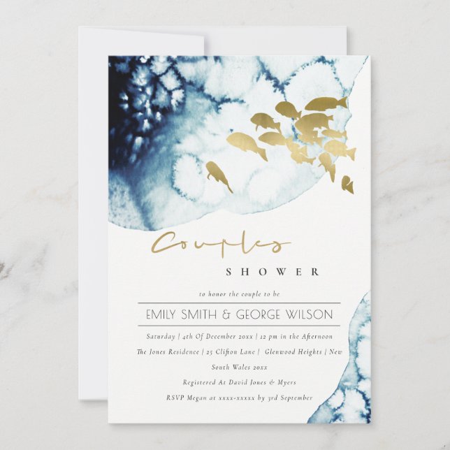 GOLD NAVY UNDERWATER SEA FISH COUPLE SHOWER INVITE (Front)