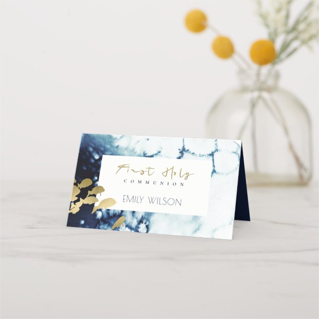 GOLD NAVY UNDERWATER SEA FISH FIRST HOLY COMMUNION PLACE CARD (Front)