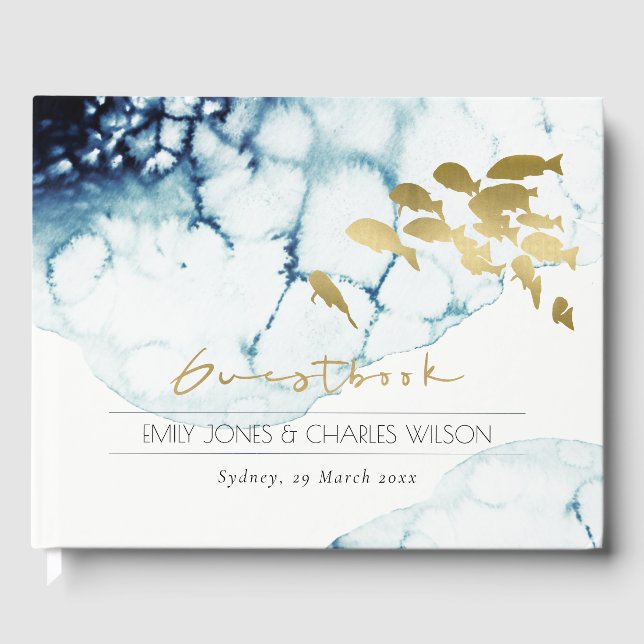 GOLD NAVY UNDERWATER SEA FISH WATERCOLOR WEDDING GUEST BOOK (Front)