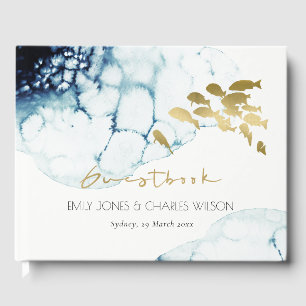 GOLD NAVY UNDERWATER SEA FISH WATERCOLOR WEDDING GUEST BOOK