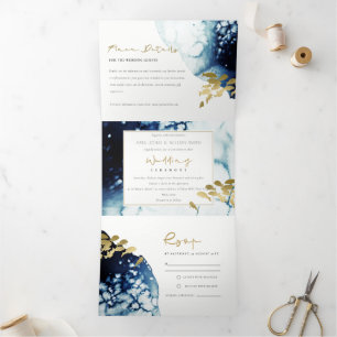 GOLD NAVY UNDERWATER SEA FISH WATERCOLOR WEDDING T Tri-Fold INVITATION