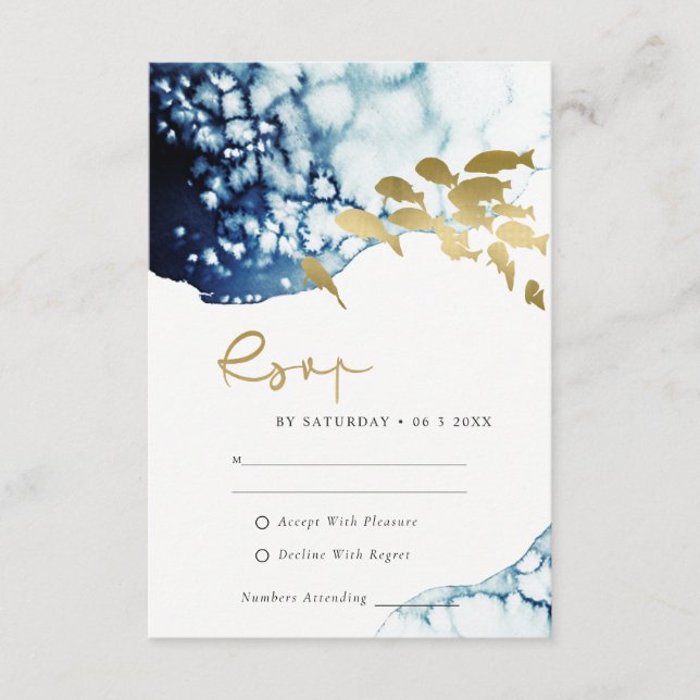 GOLD NAVY UNDERWATER SEA FISH WEDDING RSVP  ENCLOSURE CARD (Front)