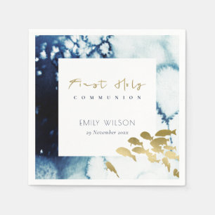 GOLD NAVY UNDERWATER SEA FISHFIRST HOLY COMMUNION  NAPKIN