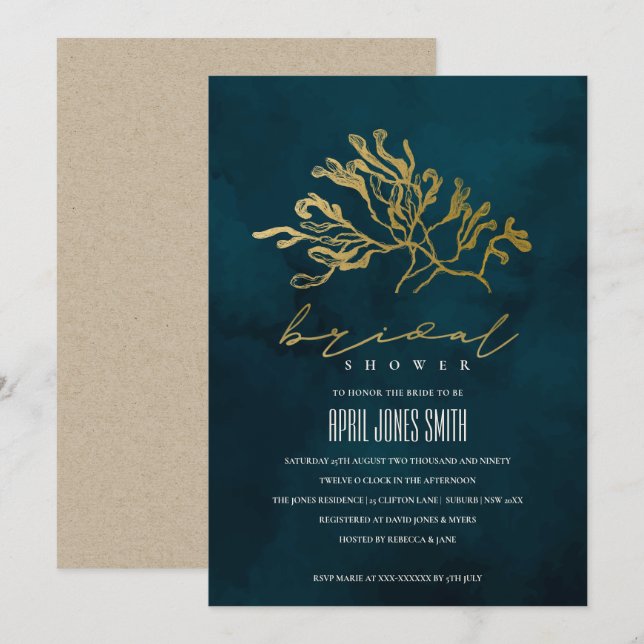 GOLD NAVY UNDERWATER SEAWEED BRIDAL SHOWER INVITE (Front/Back)