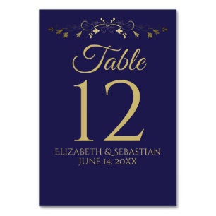 Gold & Navy Vintage Floral Border Elegant Wedding Table Number