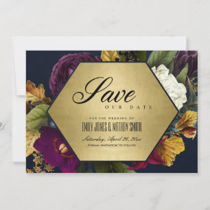 GOLD NAVY VINTAGE RETRO BURGUNDY OCHRE FALL FLORAL SAVE THE DATE