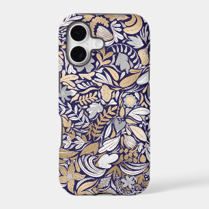 Gold Navy White Floral Leaf Illustration Pattern