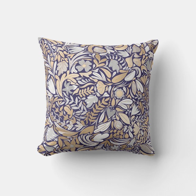 Gold Navy White Floral Leaf Illustration Pattern Cushion (Front)