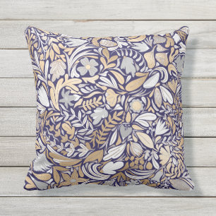 Gold Navy White Floral Leaf Illustration Pattern Cushion