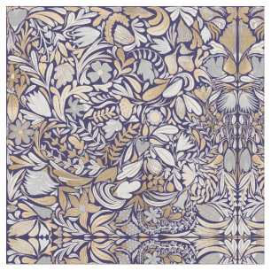 Gold Navy White Floral Leaf Illustration Pattern Fabric