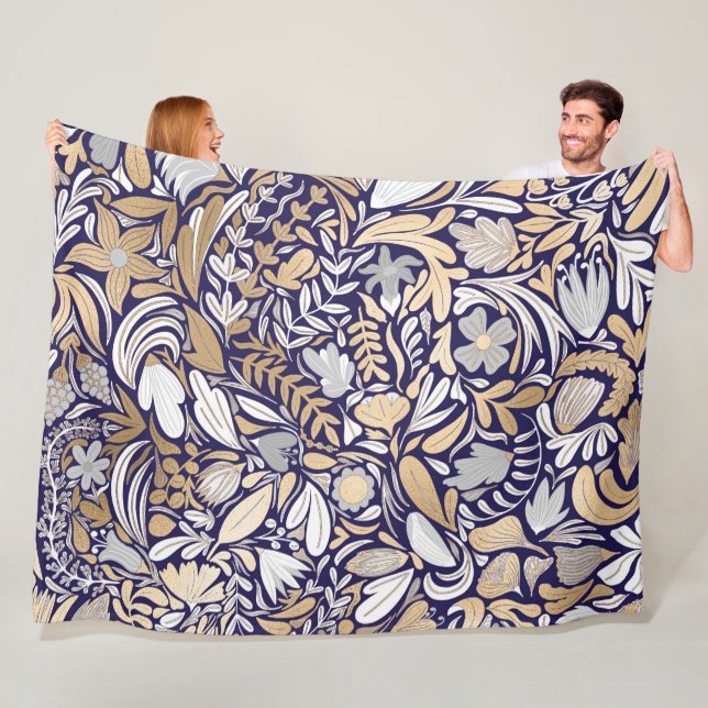 Gold Navy White Floral Leaf Illustration Pattern Fleece Blanket (In Situ)