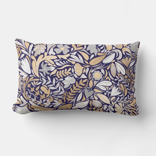 Gold Navy White Floral Leaf Illustration Pattern Lumbar Cushion (Front)