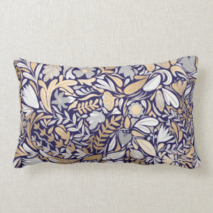 Gold Navy White Floral Leaf Illustration Pattern Lumbar Cushion