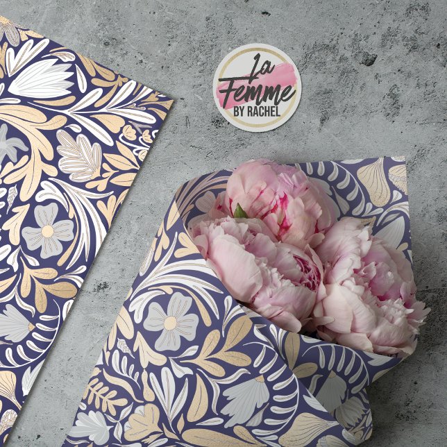 Gold Navy White Floral Leaf Illustration Pattern Tissue Paper (Creator Uploaded)