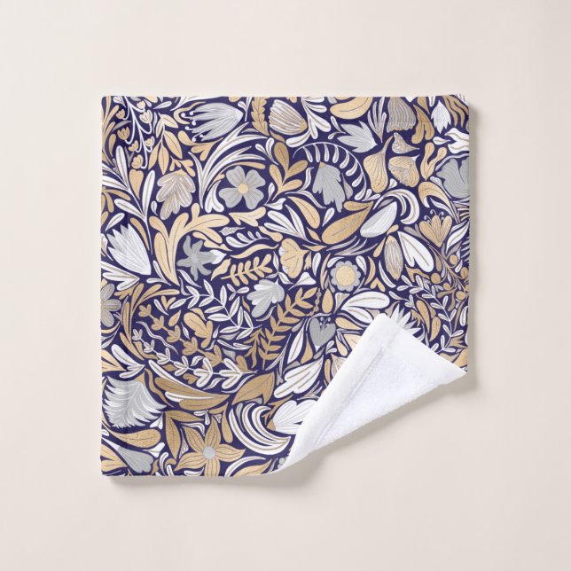 Gold Navy White Floral Leaf Illustration Pattern Wash Cloth (Wash Cloth)