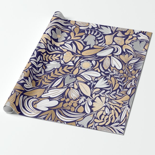 Gold Navy White Floral Leaf Illustration Pattern Wrapping Paper (Unrolled)