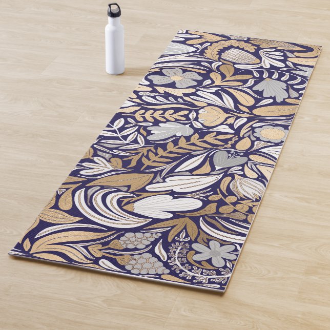 Gold Navy White Floral Leaf Illustration Pattern Yoga Mat (In Situ)