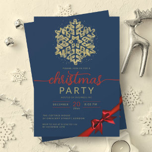 Gold Navy Winter Glitter Snowflake Company Xmas Invitation