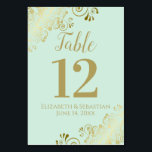 Gold & Neo Mint Green Elegant Frilly Wedding Table Number<br><div class="desc">These beautiful wedding table number cards feature a simple yet elegant design with gold script calligraphy on a pale green or neo mint coloured background with a frilly gold faux foil floral filigree in the corners. Perfect way to make your wedding reception beautiful and help your guests find the right...</div>