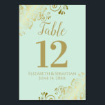Gold & Neo Mint Green Elegant Frilly Wedding Table Number<br><div class="desc">These beautiful wedding table number cards feature a simple yet elegant design with gold script calligraphy on a pale green or neo mint coloured background with a frilly gold faux foil floral filigree in the corners. Perfect way to make your wedding reception beautiful and help your guests find the right...</div>