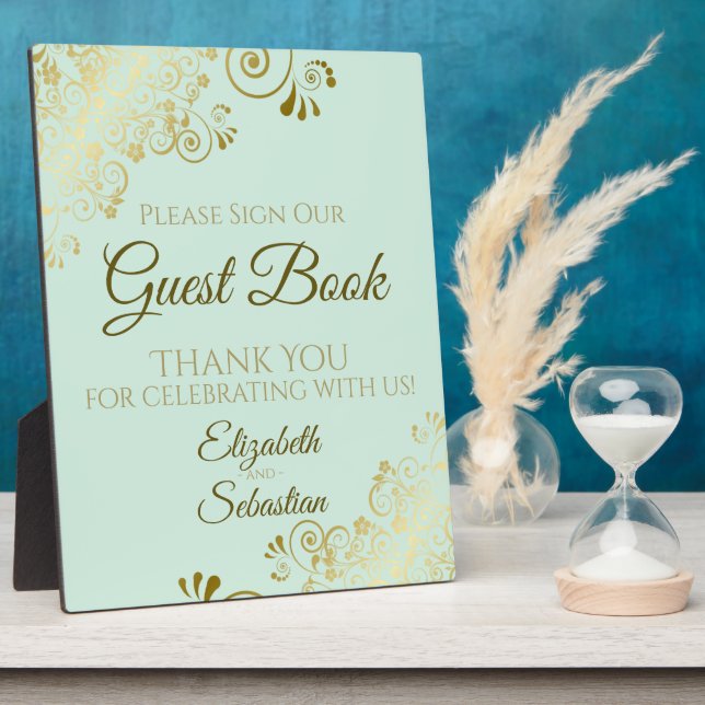 Gold & Neo Mint Green Sign Our Guest Book Wedding Plaque (Side)