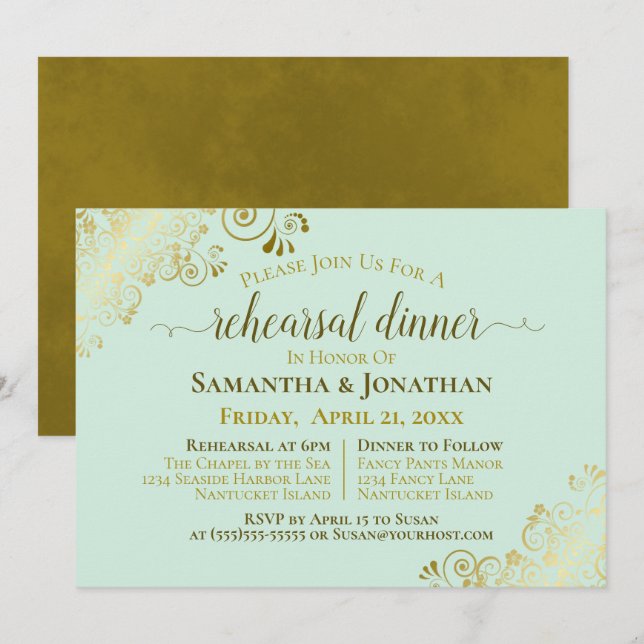 Gold & Neo Mint Green Wedding Rehearsal & Dinner Invitation (Front/Back)