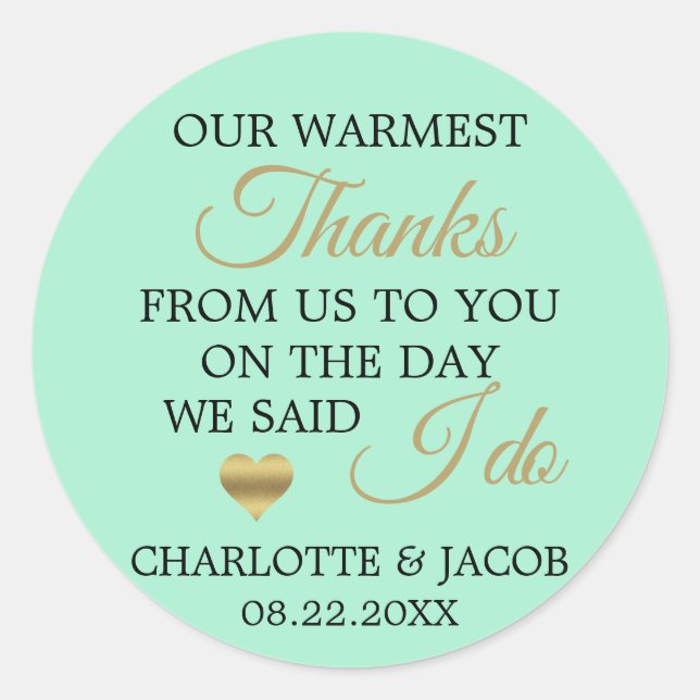 GOLD Neo MINT Wedding Heart Warmest Thank You Classic Round Sticker (Front)