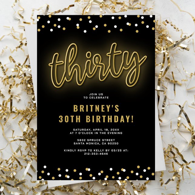 Gold Neon Thirty Birthday Invitation (Creator Uploaded)