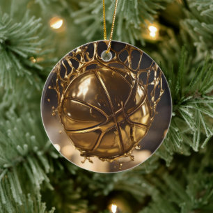 Gold Netball In A Gold Netball Net, Ceramic Tree Decoration