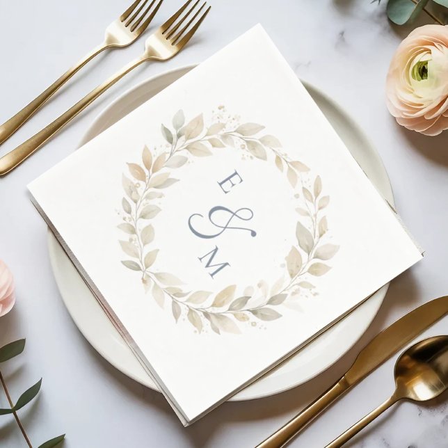 Gold Neutral Wreath Monogram Wedding Napkin (Creator Uploaded)