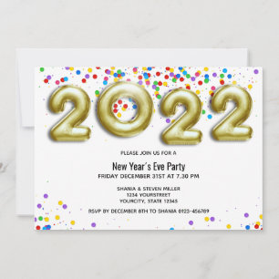 Gold New Year 2022 Balloon Colourful Confetti Part Invitation