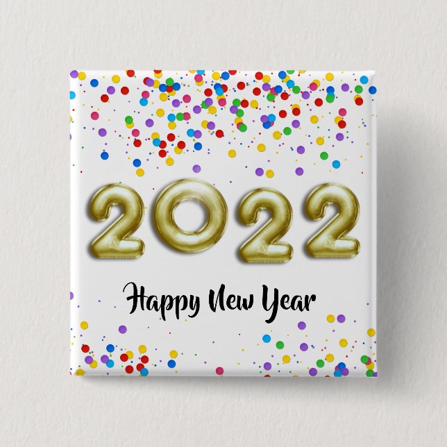 Gold New Year 2022 Balloons Colourful Confetti 15 Cm Square Badge (Front)