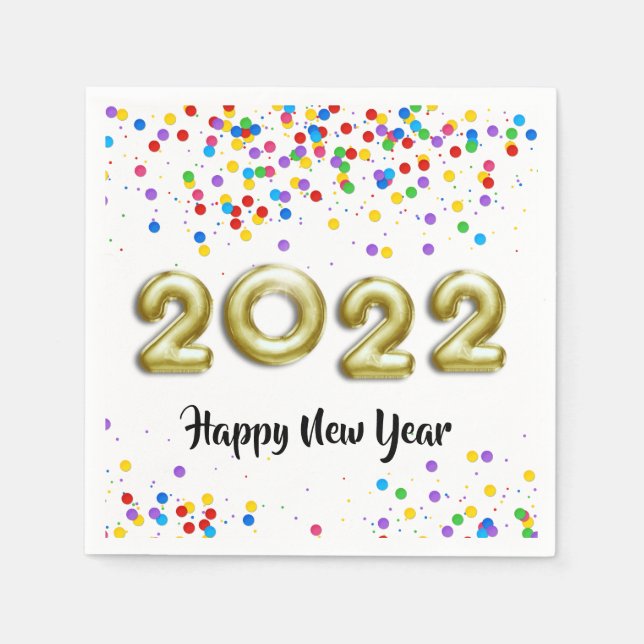 Gold New Year 2022 Balloons Colourful Confetti Napkin (Front)