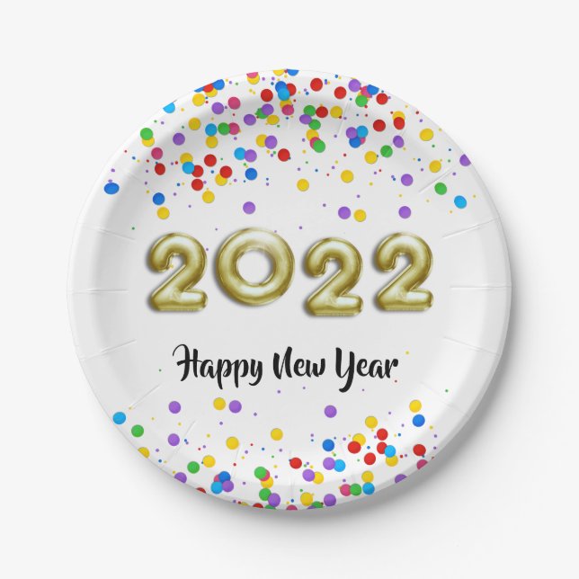 Gold New Year 2022 Balloons Colourful Confetti Paper Plate (Front)