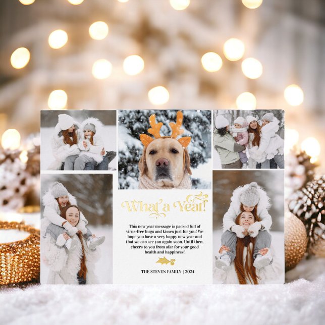 Gold New Year in review 5 photo collage grid Foil Holiday Card (Gold New Year in review 5 photo collage grid Foil Holiday Card)