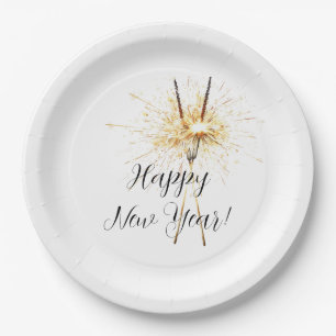 Gold New Year's Eve Day Celebration Sparklers Paper Plate