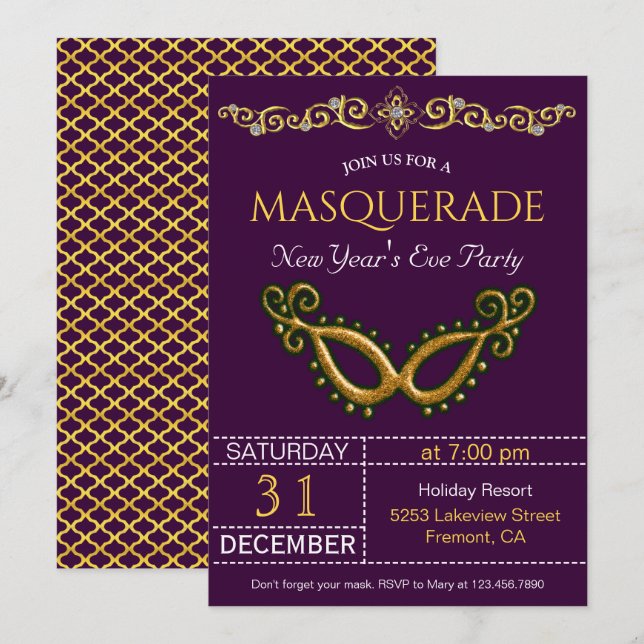 Gold New Year's Eve Masquerade Party Invitation (Front/Back)