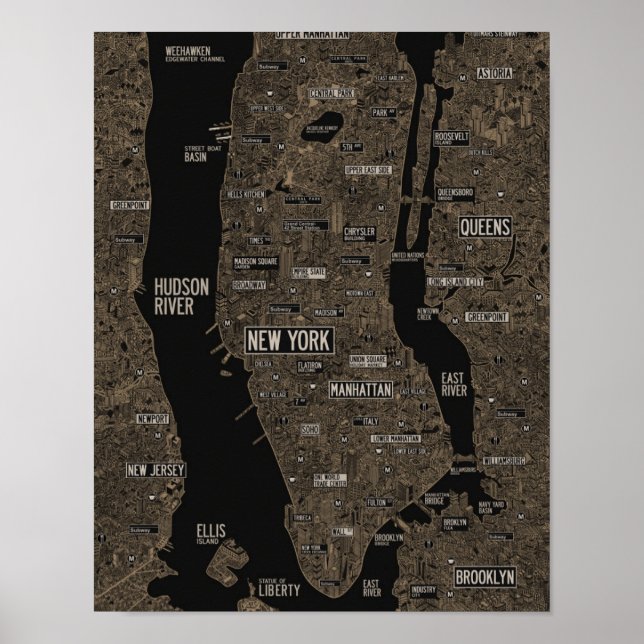 Gold new york city map detailed buildings poster (Front)